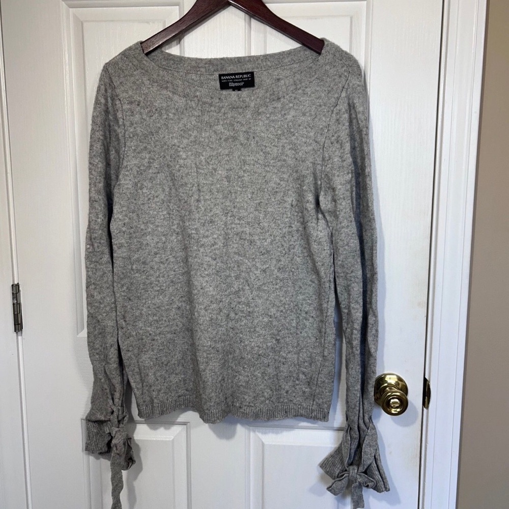 Banana Republic Merino Cashmere Blend Gray Tie Sleeve Boatneck Sweater XL Knit